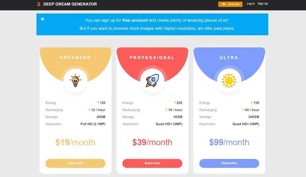 DeepDream Generator Pricing