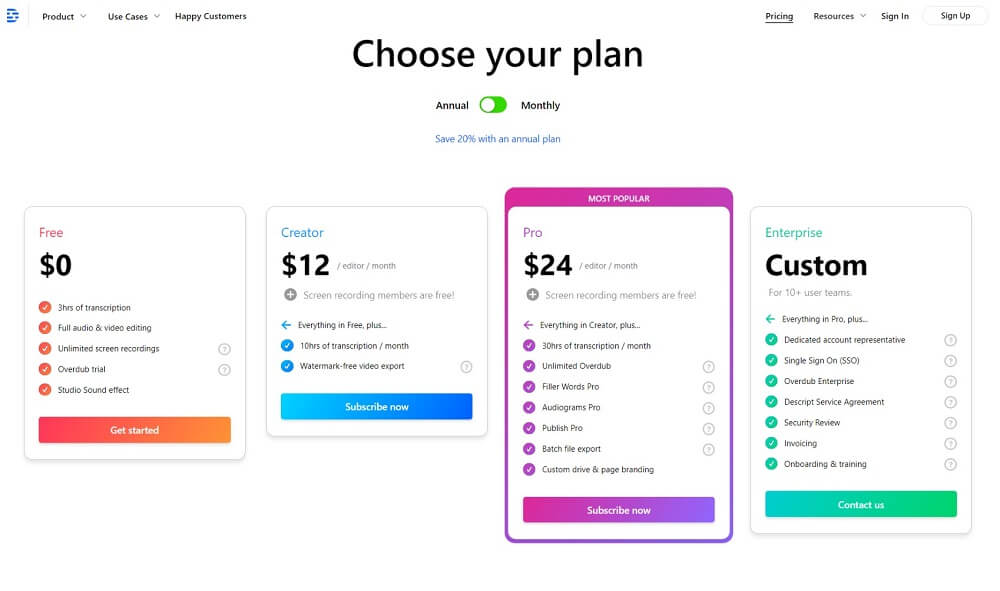 Descript pricing