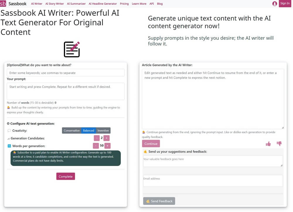 Saassbook AI story generator