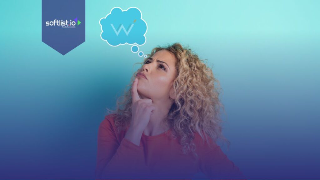 A woman thinking with the WebCEO logo in a thought bubble.